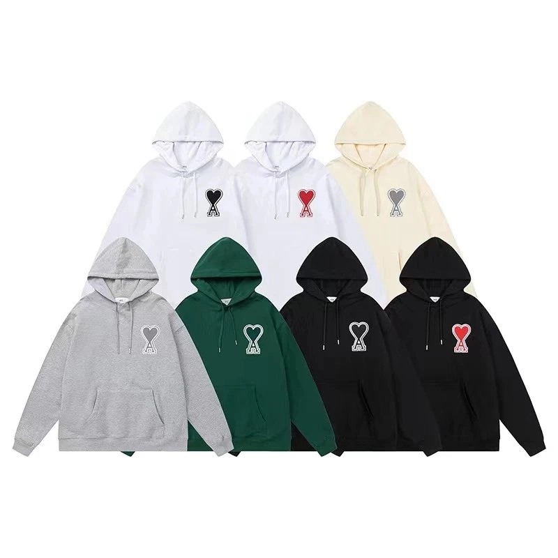 Ami Paris Heart Logo Hoodie - Black with Red Heart Embroidery