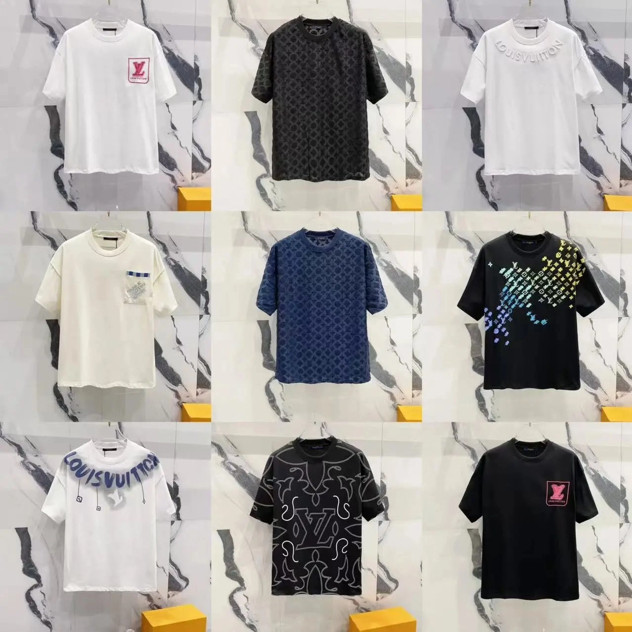 Louis Vuitton Monogram Print Black T-Shirt with White Outline Pattern