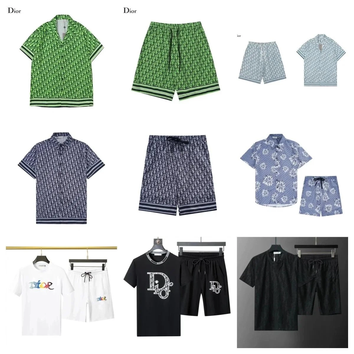 Dior Oblique Green Pattern Short-Sleeve Shirt with Striped Cuffs