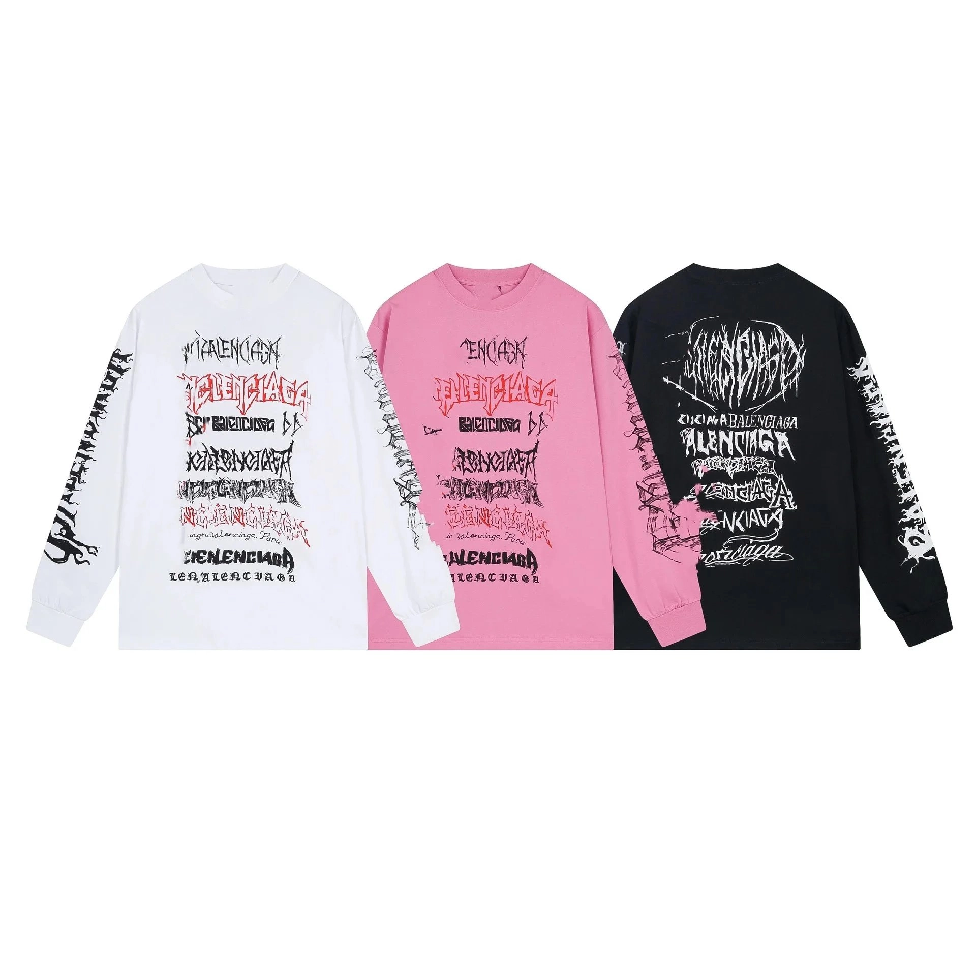 Balenciaga Distorted Logo Long Sleeve T-Shirt - White/Pink/Black