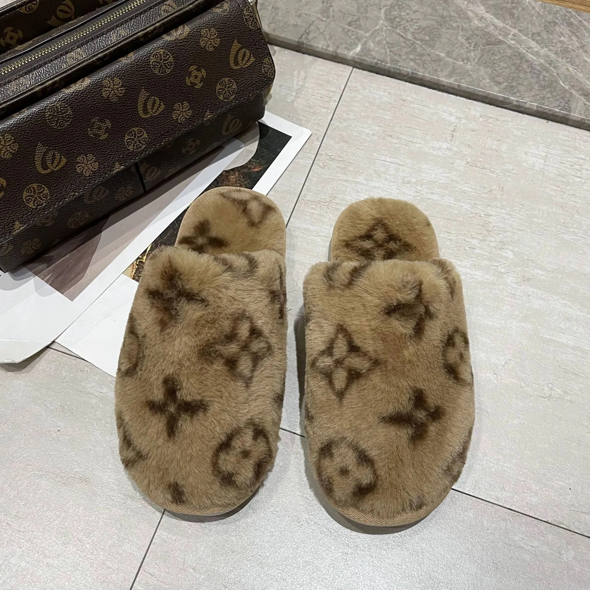 Louis Vuitton Monogram Faux Fur Slippers - Tan Brown