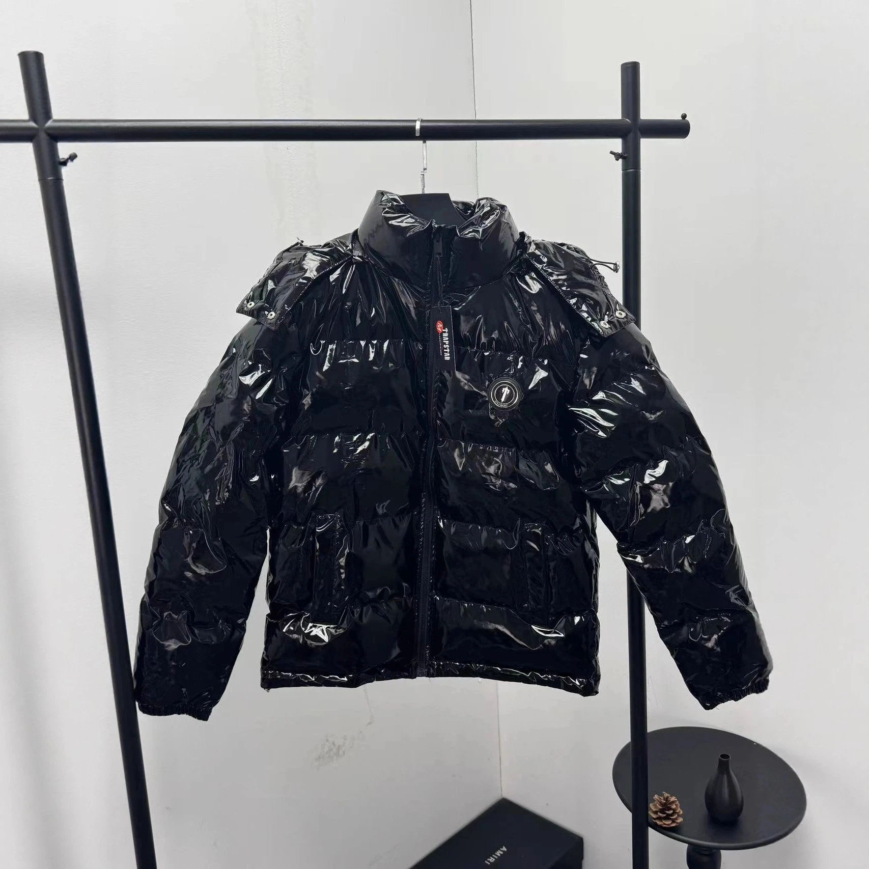 TRIPSTAR Glossy Black Puffer Jacket with Detachable Hood