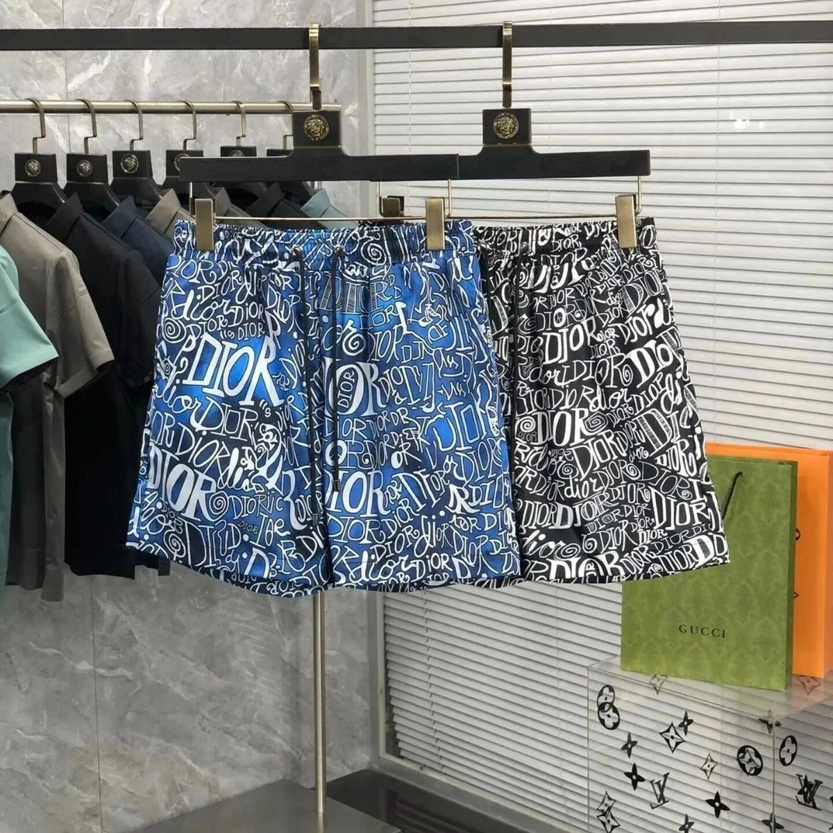 Dior Graffiti Print Swim Shorts - Blue and Black Edition