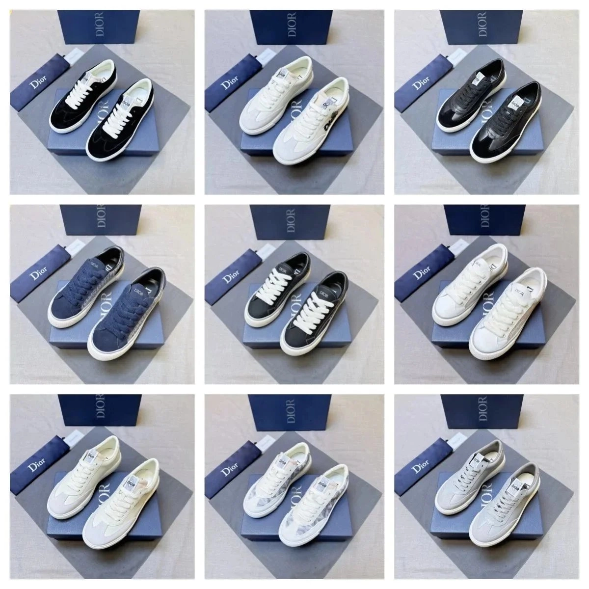 Dior B23 Low-Top Sneakers in Black White Navy Gray with Logo Detail
