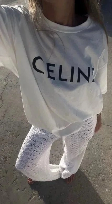 Celine Oversized Logo Print White Cotton T-Shirt