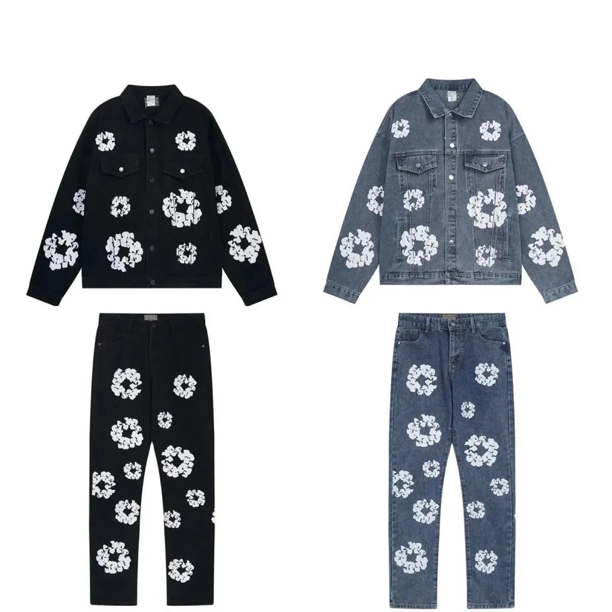 Floral-Print Denim Jacket and Pants Set - Black & Indigo
