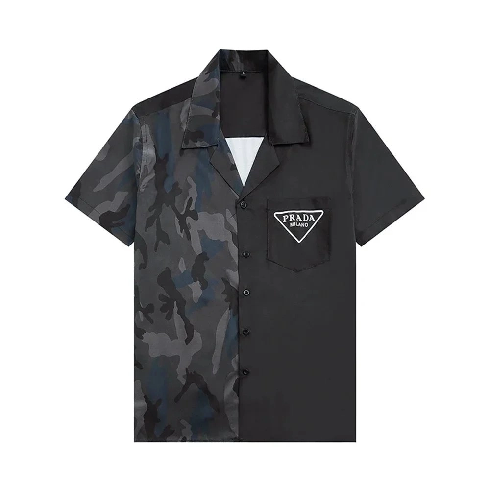Prada Camouflage-Panelled Short-Sleeve Shirt with Logo Pocket