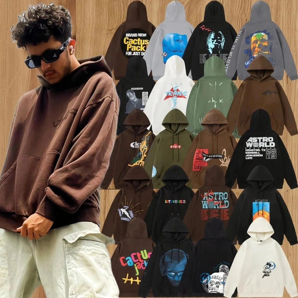 Travis Scott Cactus Jack Hoodie Brown Oversized Graphic Print