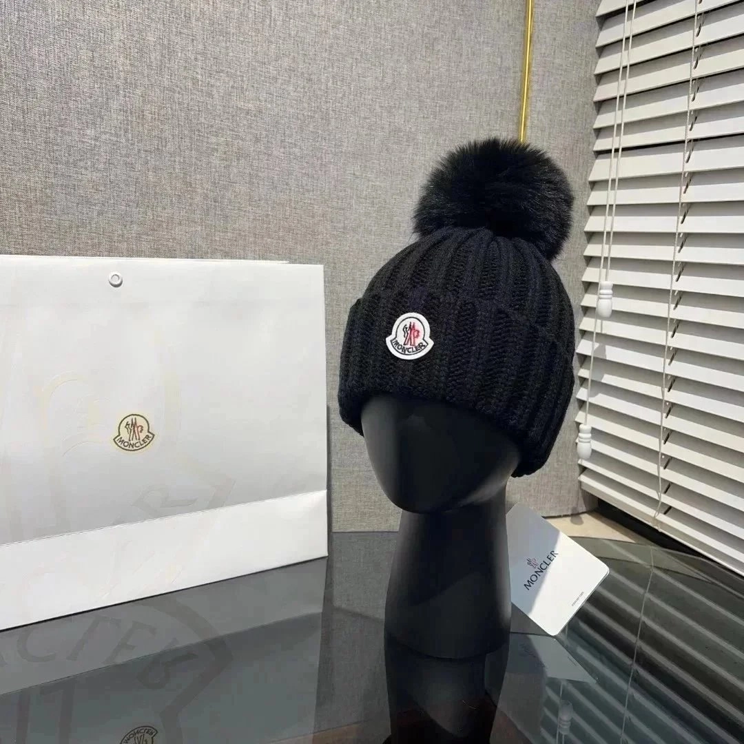 Moncler Ribbed Knit Beanie with Fur Pom-Pom - Black
