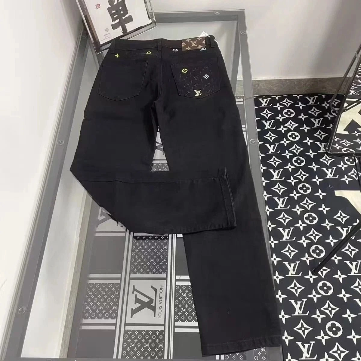 Louis Vuitton Monogram-Print Black Denim Jeans with Yellow Accents