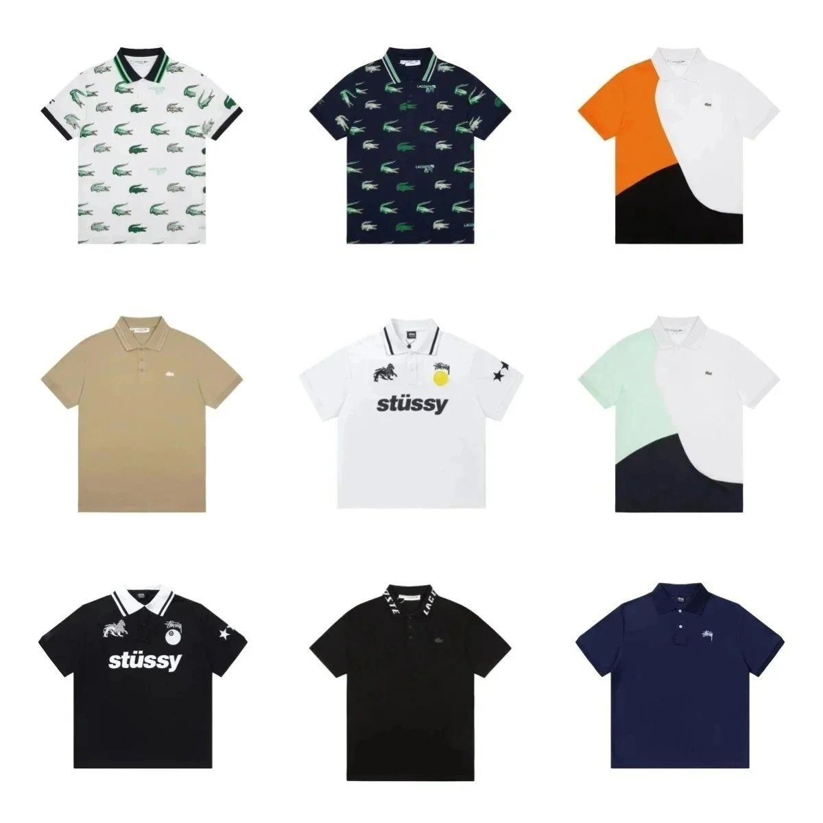 St&uuml;ssy Crocodile Print Polo Shirt - White with Green Alligators
