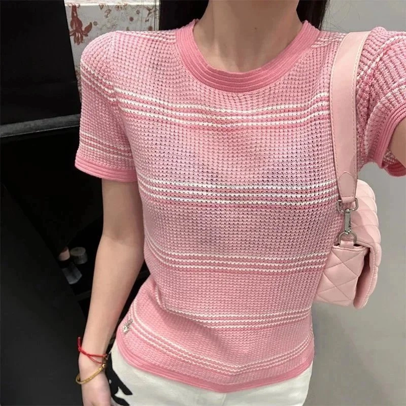 Chanel Pink Waffle-Knit Short Sleeve Top with White Stripes