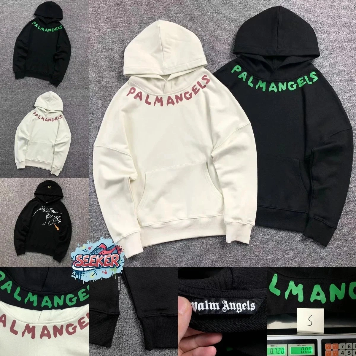 Palm Angels Arch Logo Hoodie - Cream with Red Embroidery