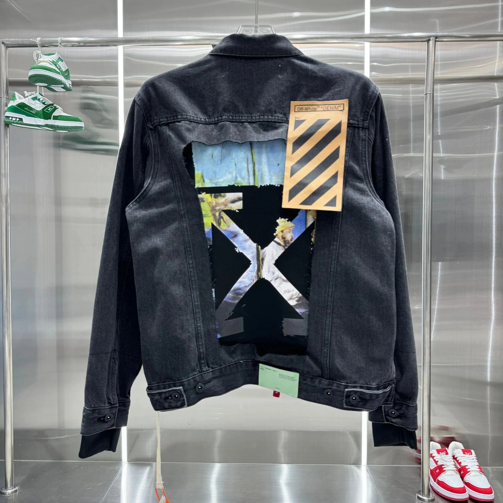 Off-White Denim Jacket Black with Art Print and Diagonal Stripe Tag