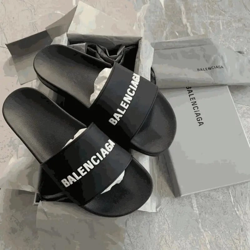 Balenciaga Logo Slide Sandals Black Rubber Strap