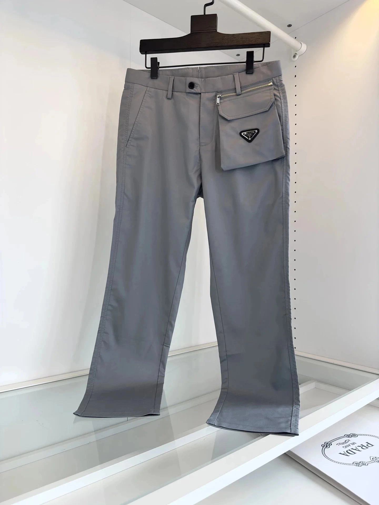Prada Grey Technical Pants with Zippered Pocket and Logo Patch