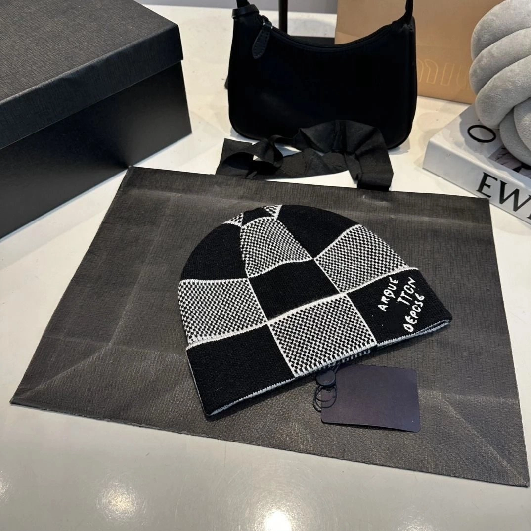 A.P.C. Checkerboard Knit Beanie - Black White Houndstooth