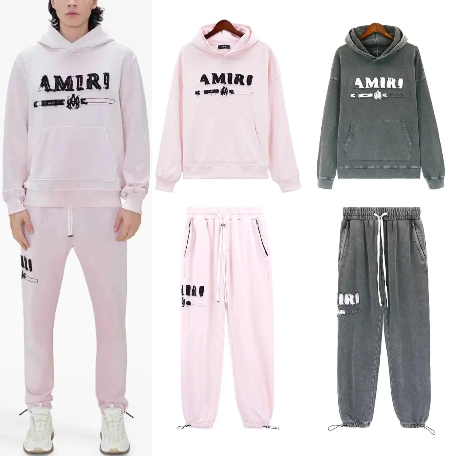 AMIRI Distressed Logo Hoodie and Jogger Set - Pink Washed