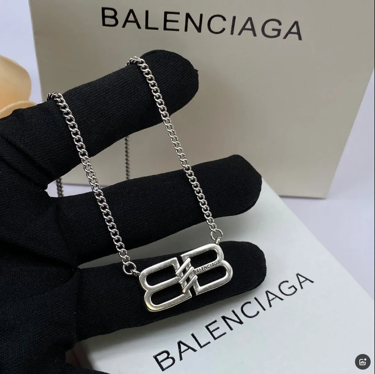 Balenciaga Silver BB Logo Chain Necklace with Engraved Branding