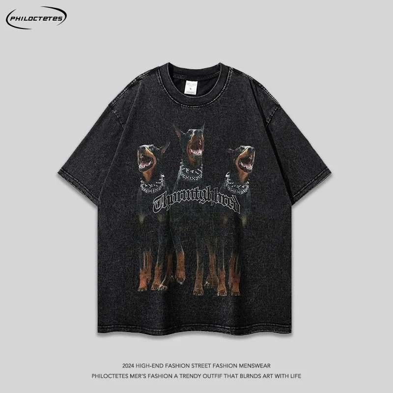 PHILOCTETES Doberman Print Distressed Black Oversized T-Shirt