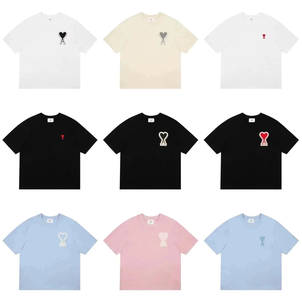 Ami Paris Heart Logo Embroidered Cotton T-Shirt - Black White Pink Blue