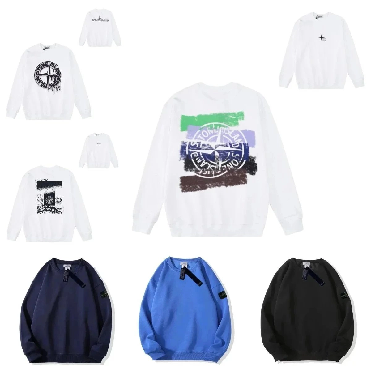 Stone Island Compass Logo Brushstroke Print Crewneck Sweatshirt White