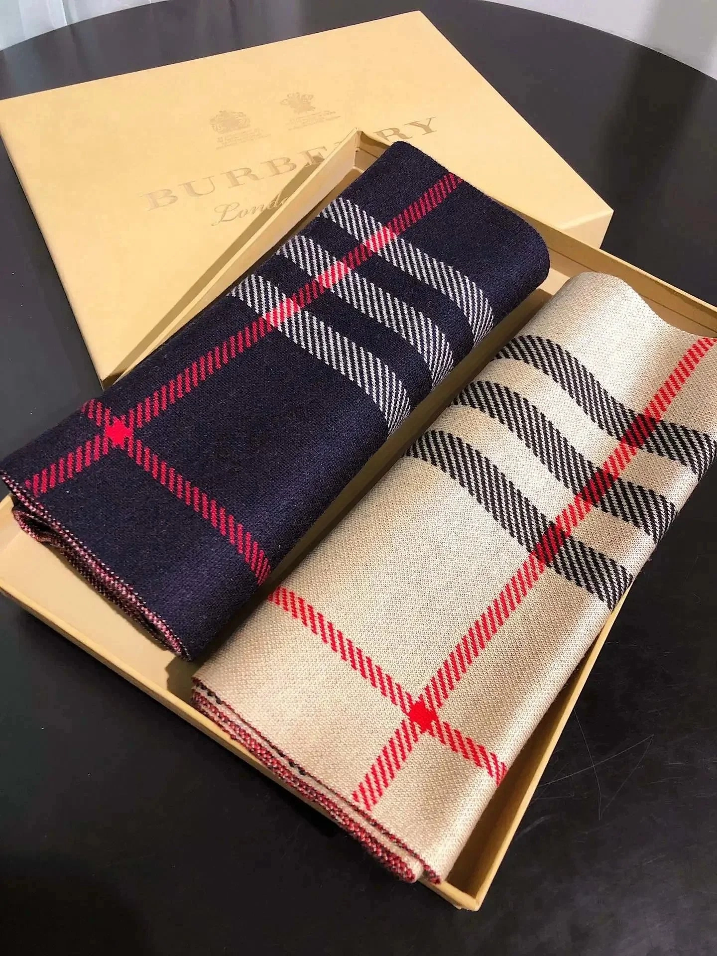 Burberry Classic Check Wool Scarf - Navy & Beige with Red Stripe