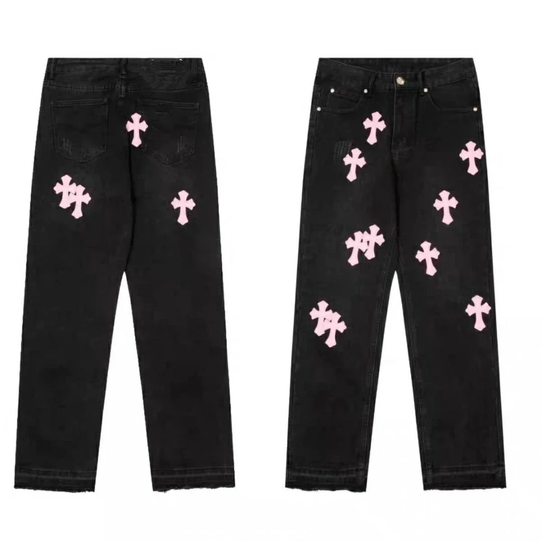 Chrome Hearts Black Denim Jeans with Pink Cross Embroidery