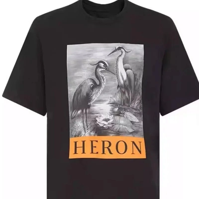 HERON Black T-Shirt with Gray Heron Illustration and Orange Logo Band