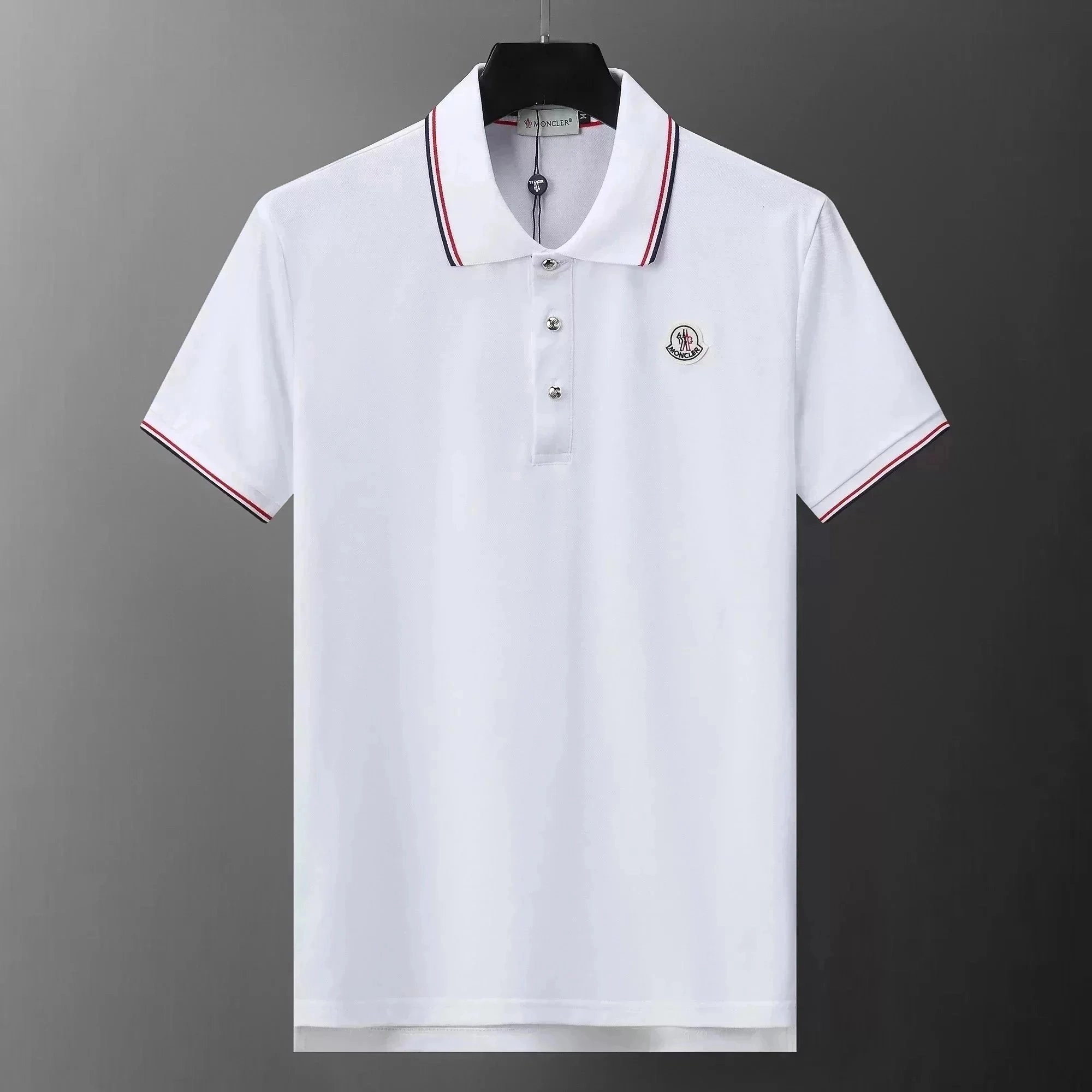 Moncler Classic White Polo Shirt with Red-Blue Trim and Logo