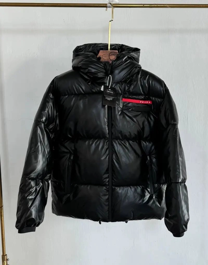 Prada Re-Nylon Puffer Jacket Black with Red Logo Tape