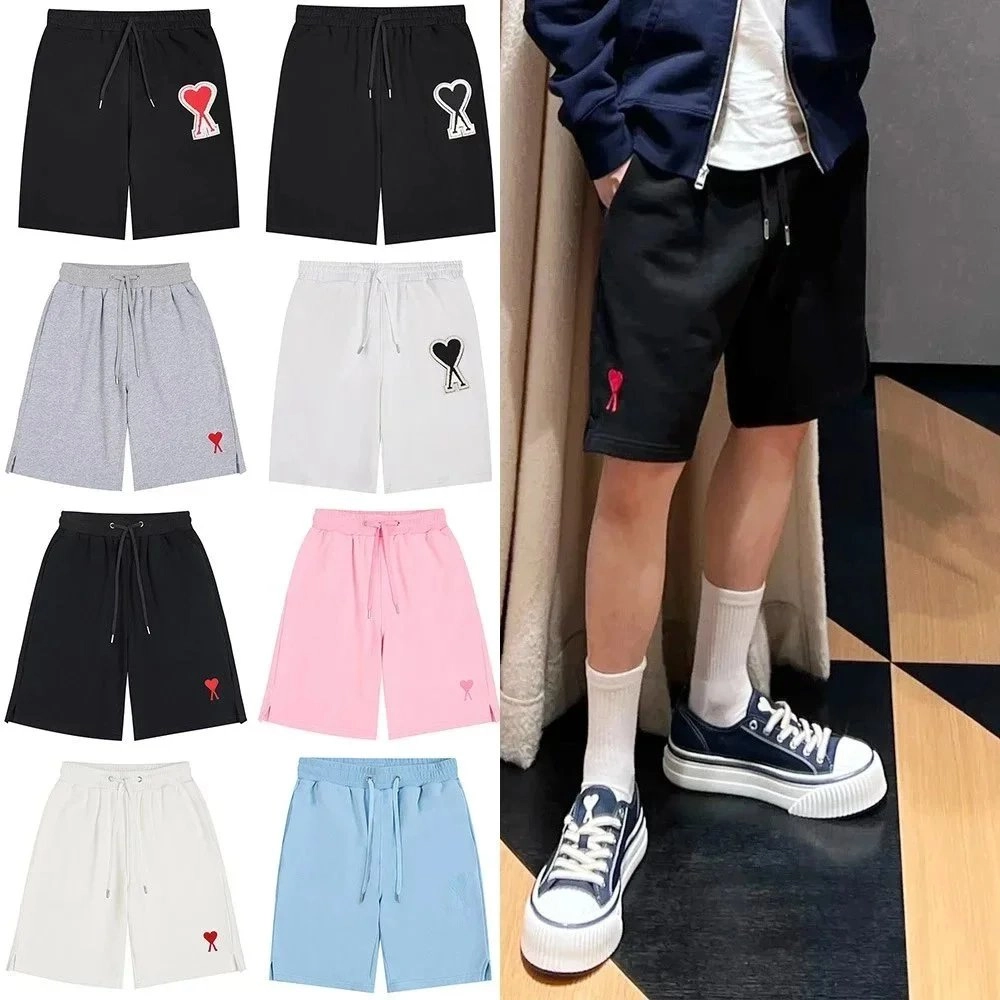 Ami Paris Heart Logo Drawstring Shorts - Black with Red Embroidery