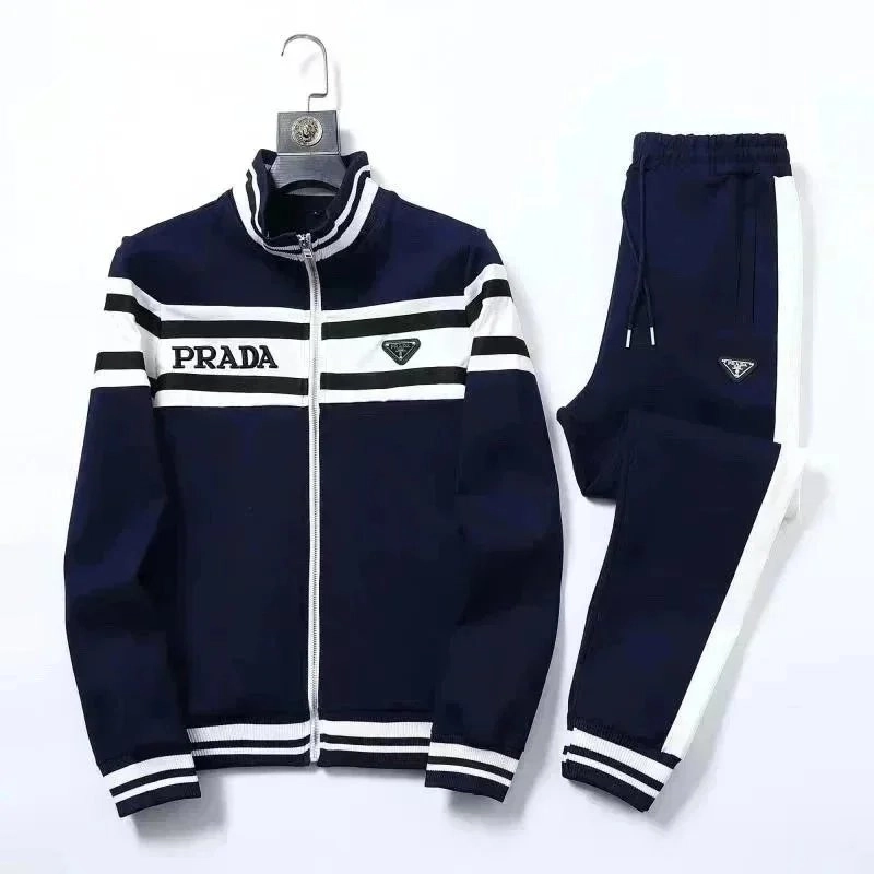Prada Navy Blue Track Suit with White Stripes and Logo