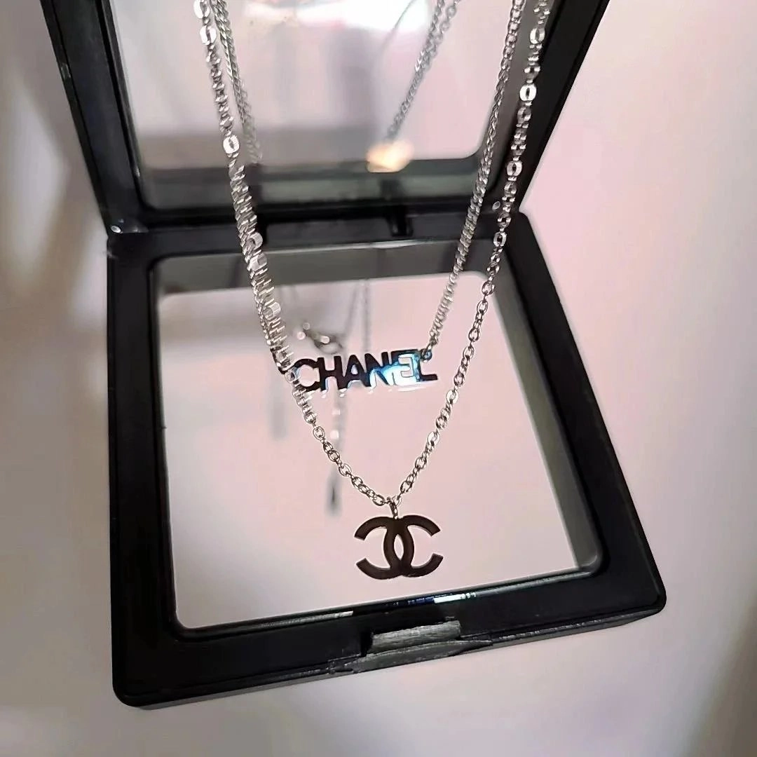 Chanel CC Logo Pendant Necklace Silver Chain Black Charm