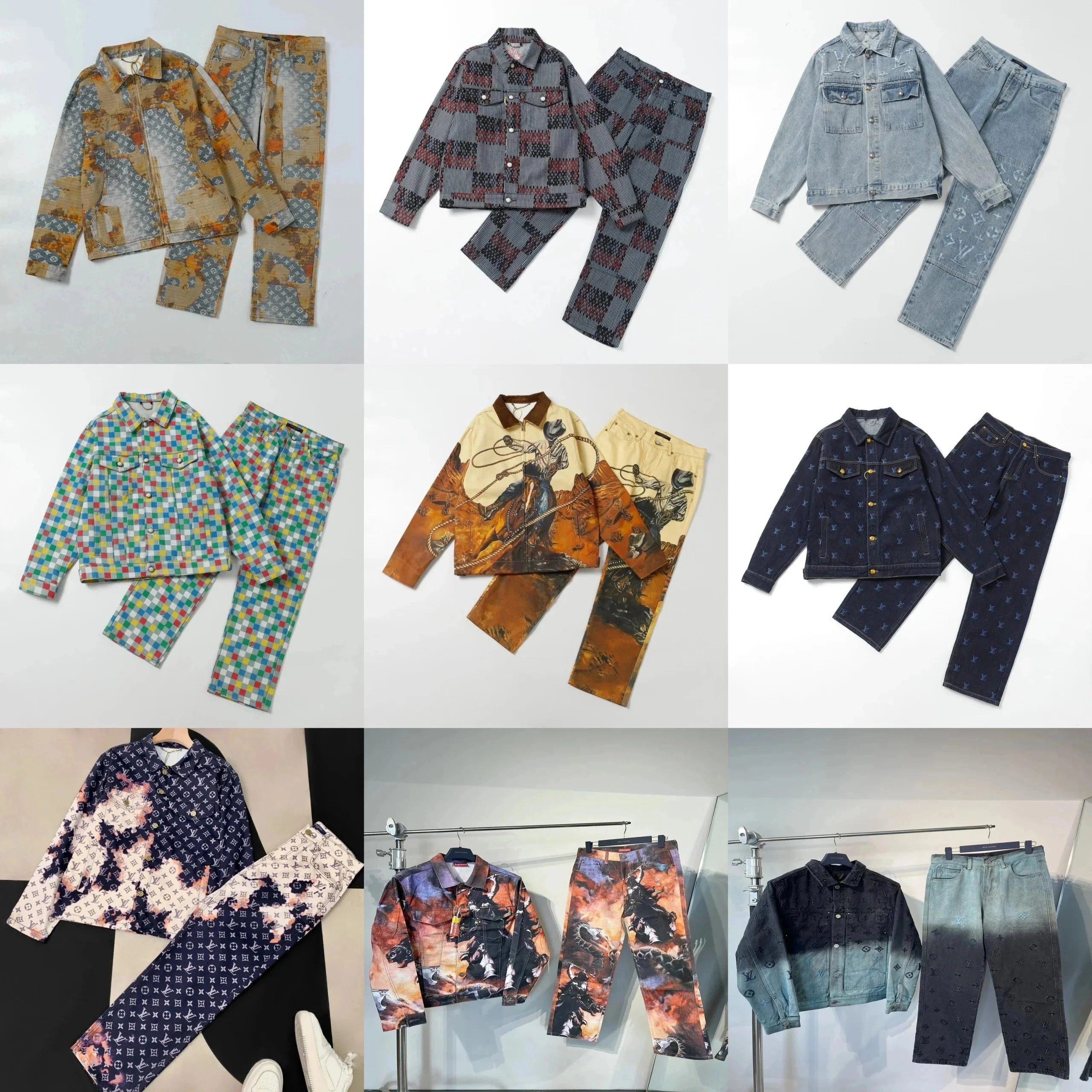 Louis Vuitton Monogram Denim Jacket and Pants Set - Distressed Orange Print