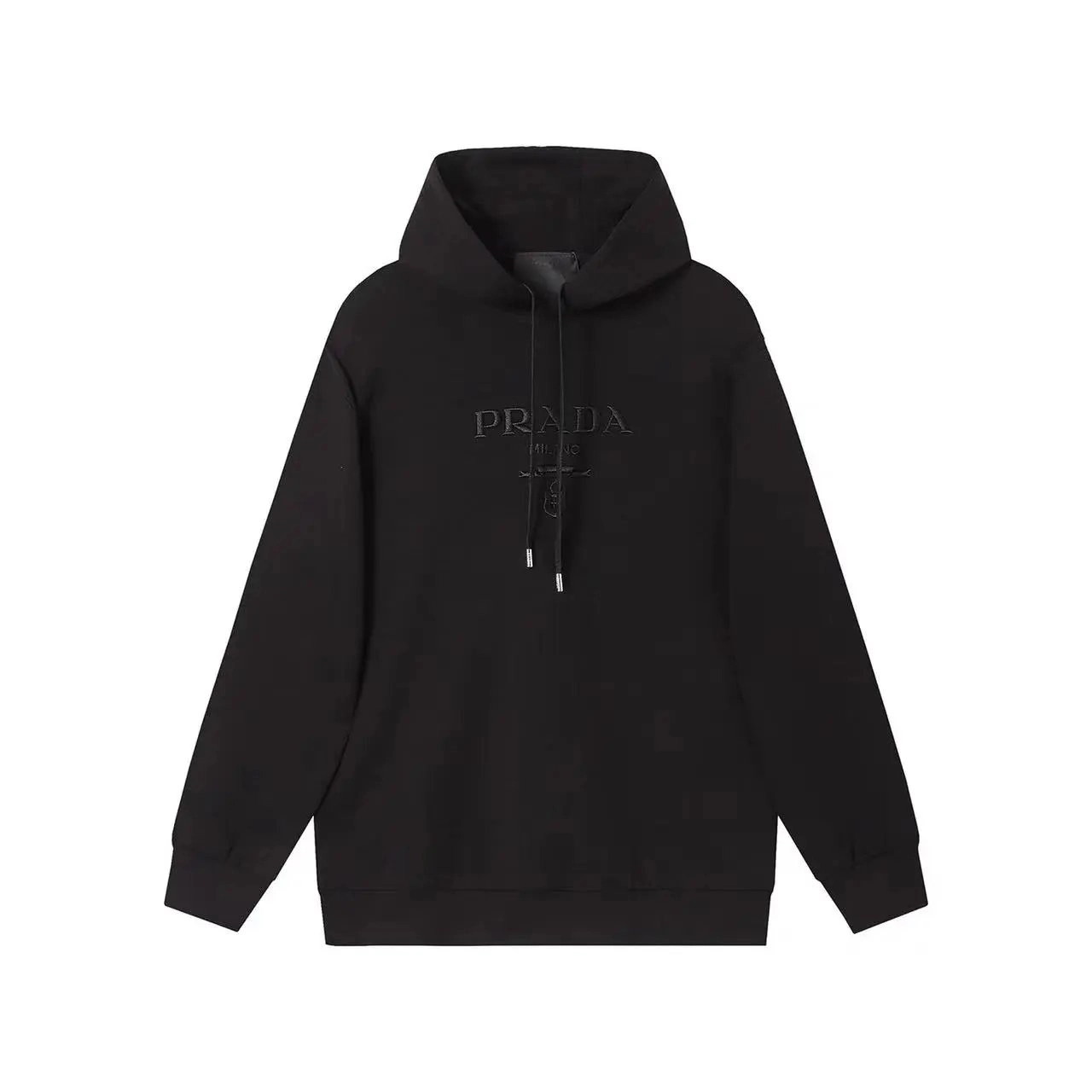 Prada Black Hoodie with Embossed Logo and Drawstring Hood