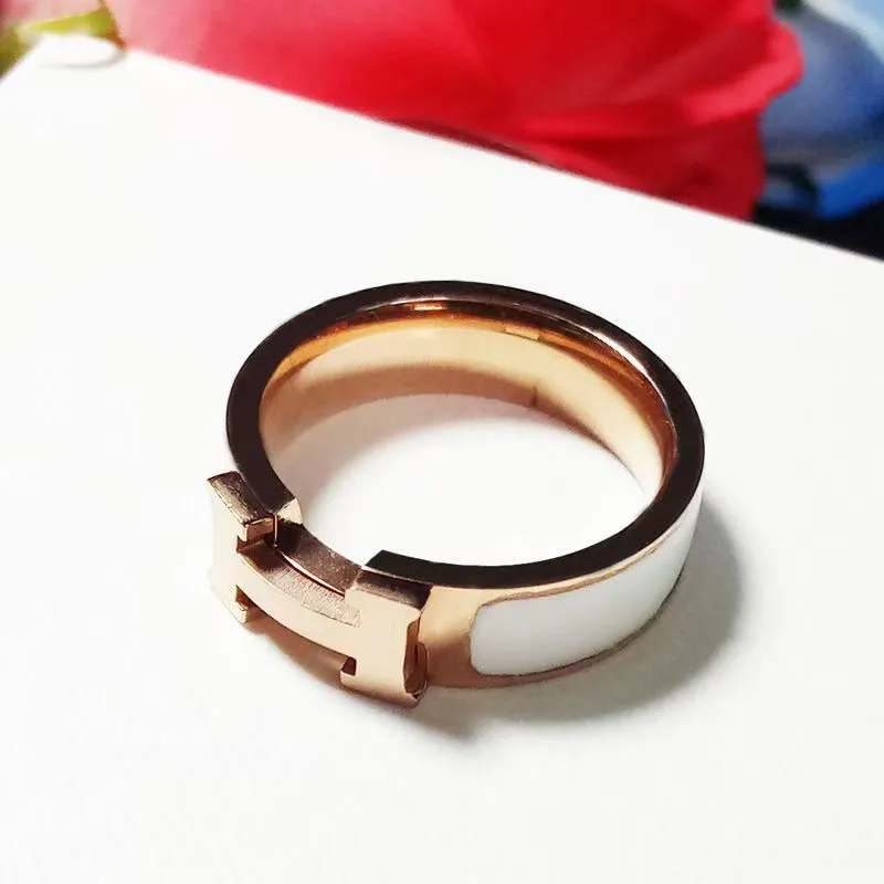 Herm&egrave;s Love Ring Rose Gold White Enamel H-Design Band