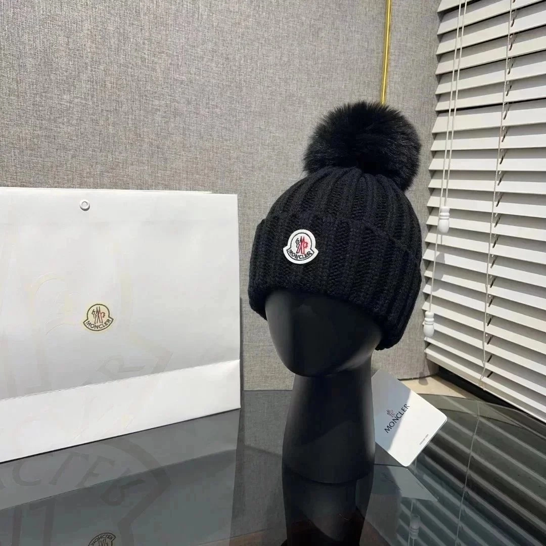 Moncler Knit Beanie with Fur Pom-Pom - Black