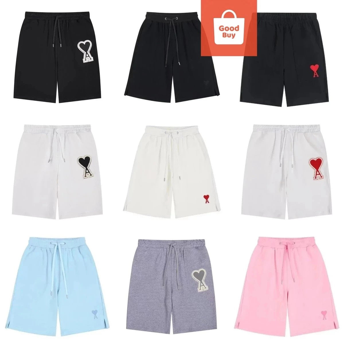 Ami Paris Heart Logo Drawstring Shorts - Black with White Embroidery