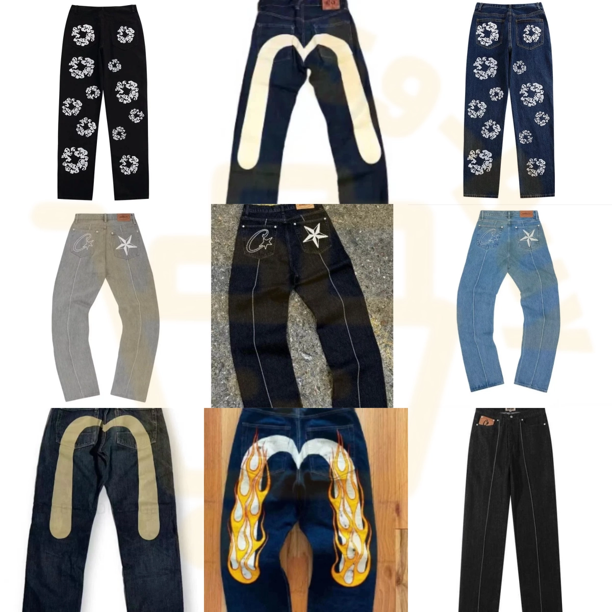 Evisu Flame Embroidery Denim Pants - Dark Blue with Fire Motif