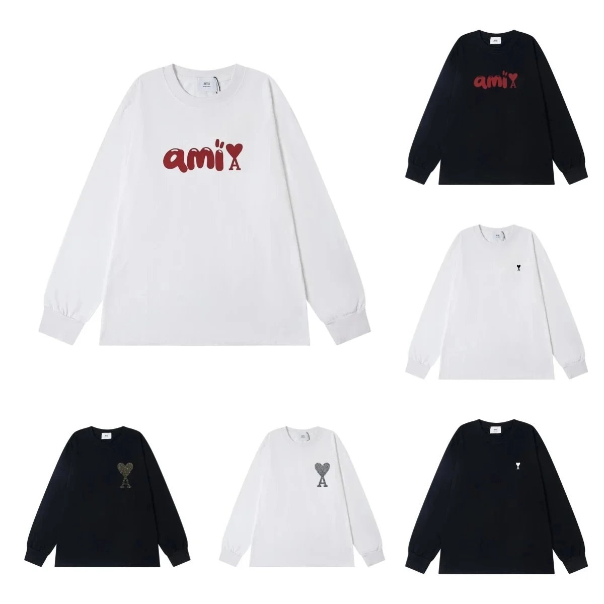Ami Paris Long Sleeve T-Shirt with Red Heart Logo Print White