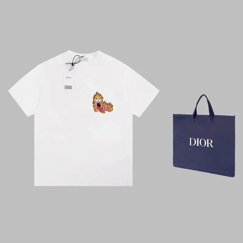 Dior White T-Shirt with Cartoon Flame Logo Patch