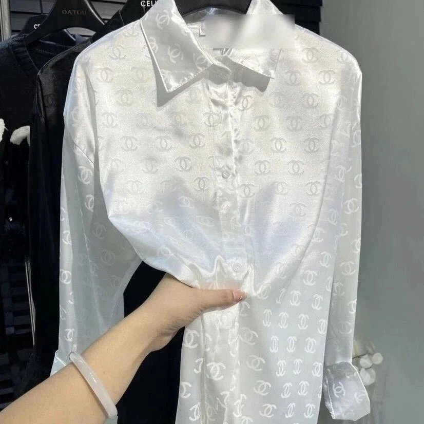 Chanel White Satin CC Logo Button-Up Shirt