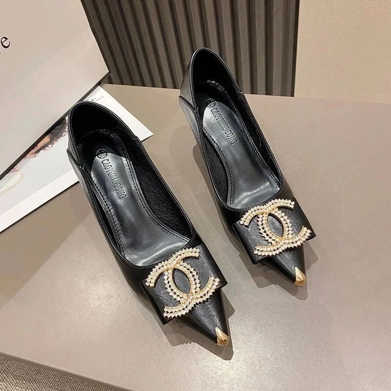 Chanel Black Leather Pointed-Toe Pumps with CC Logo Rhinestones