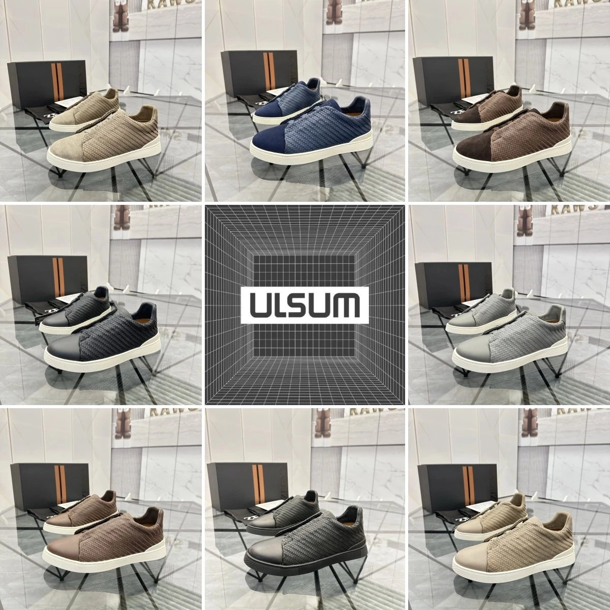 ULSUM Woven Texture Slip-On Sneakers - Beige Navy Brown Grey