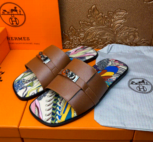 Herm&egrave;s Oran Slide Sandals Brown Leather Multicolor Print