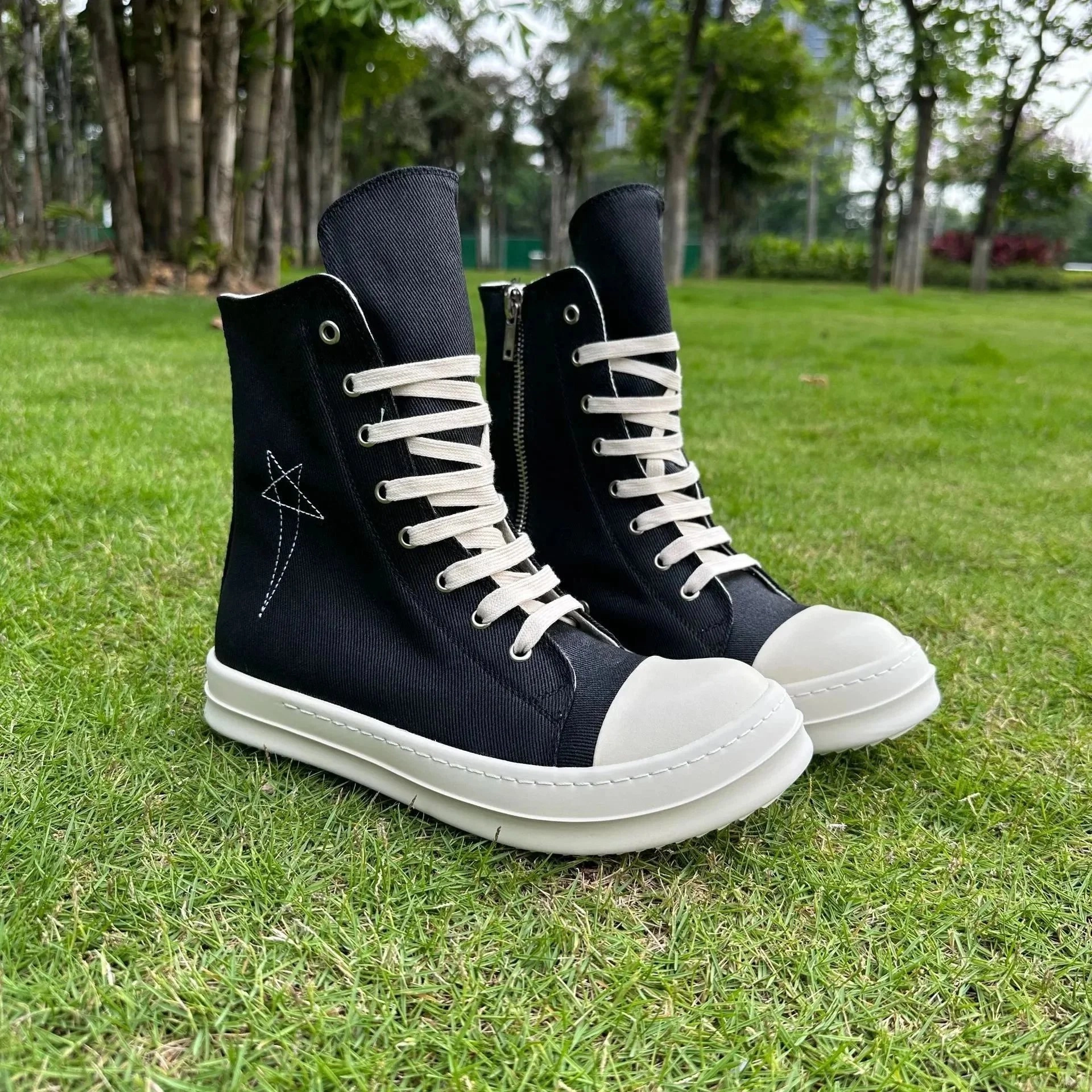Rick Owens Geobasket High-Top Canvas Black with White Star Stitch