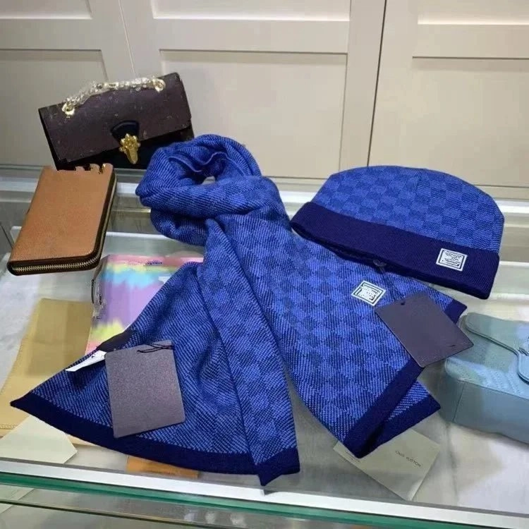 Louis Vuitton Monogram Blue Knit Scarf and Beanie Set