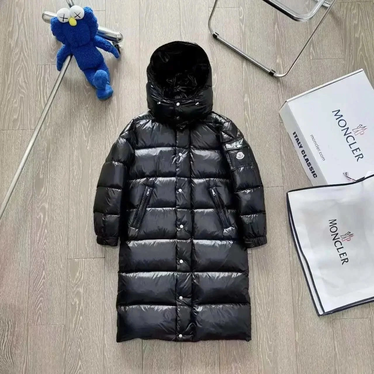 Moncler Maya Long Puffer Coat Black Glossy Quilted Hooded