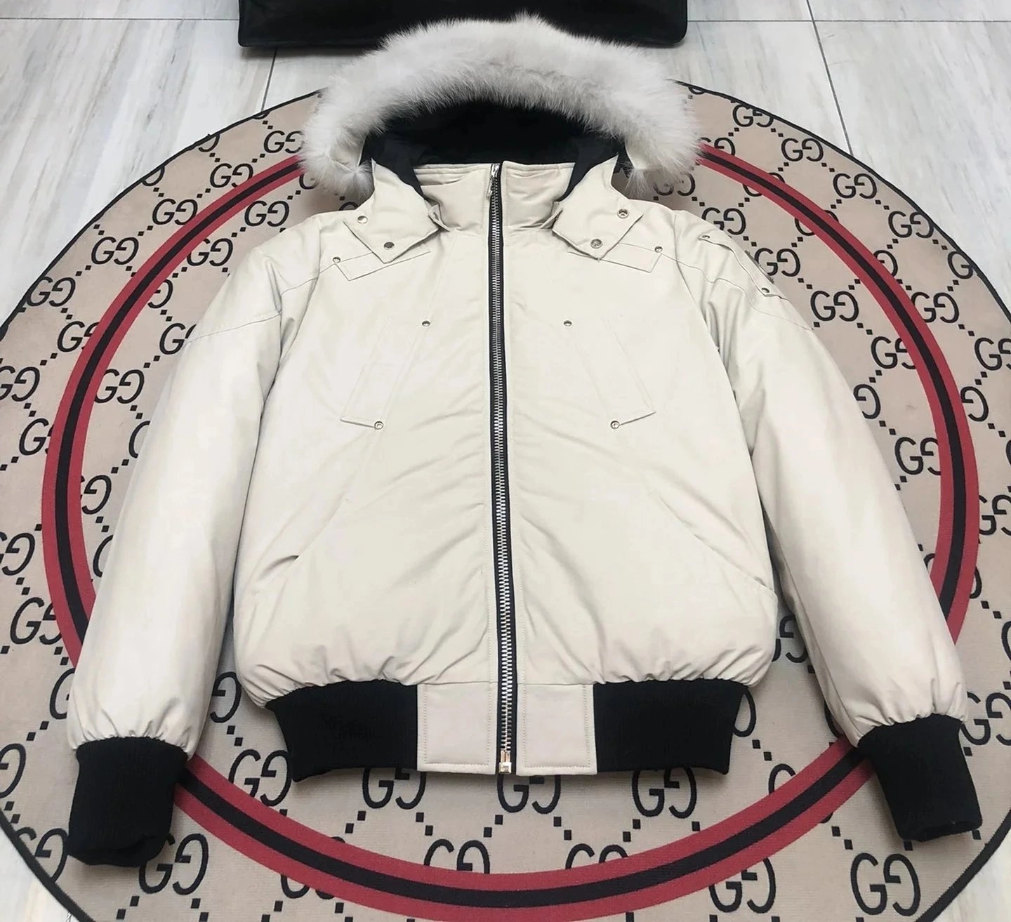 Gucci Off-White Puffer Jacket with Fur-Trimmed Hood